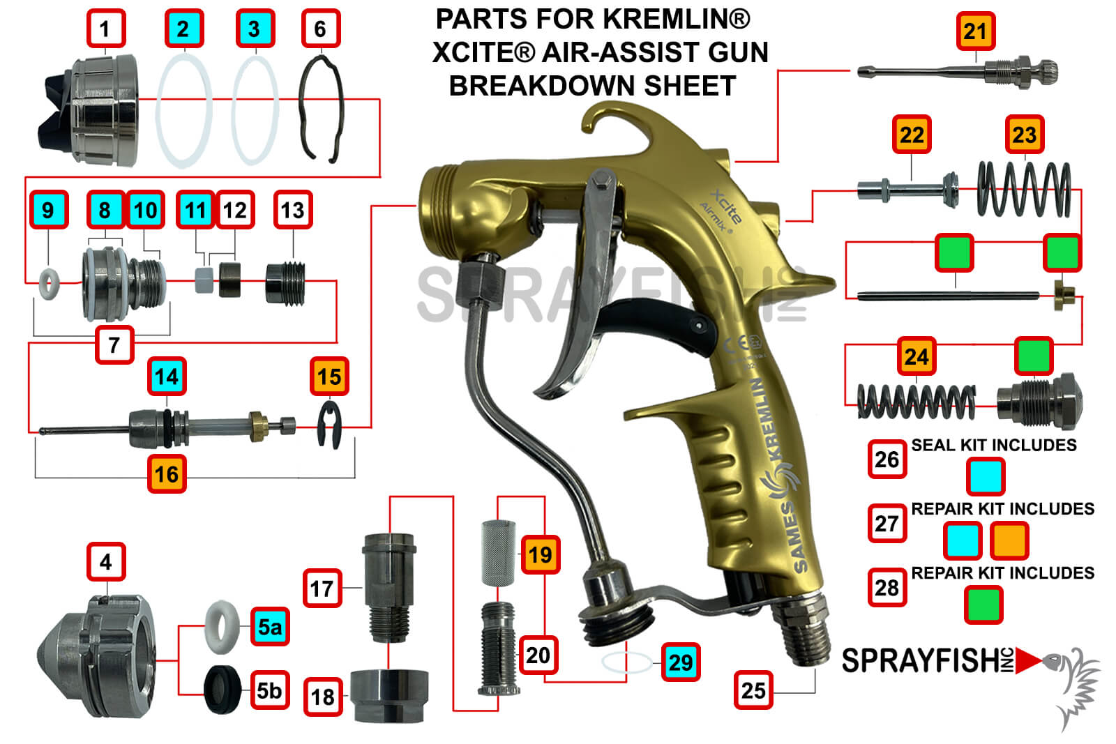 Sprayfish Spare Parts for Kremlin® Xcite® Manual Spray Gun Breakdown Sheet