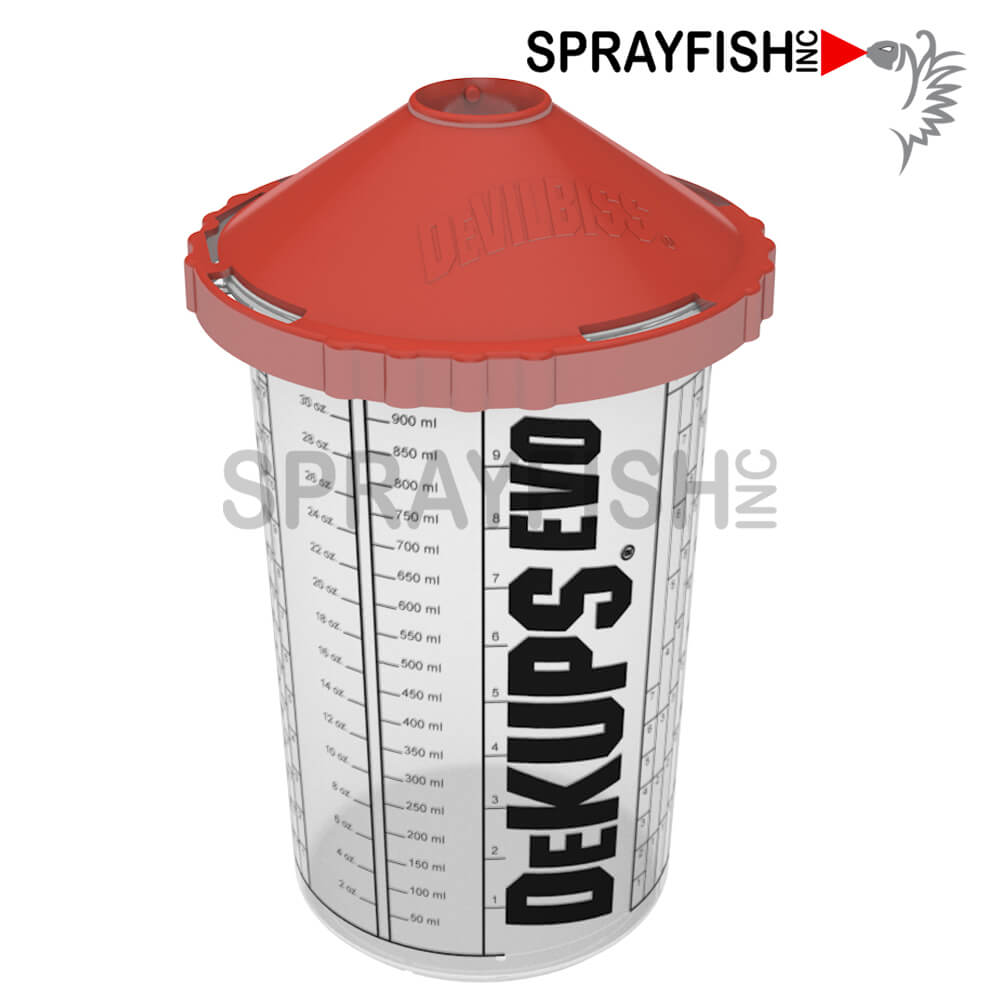 DeVilbiss By Binks DeKups EVO Disposable Cup System. Choose between 9OZ, 24OZ, or 34OZ Cup Options and No Mesh, 125 Micron, or 200 Micron Lid Filters.
