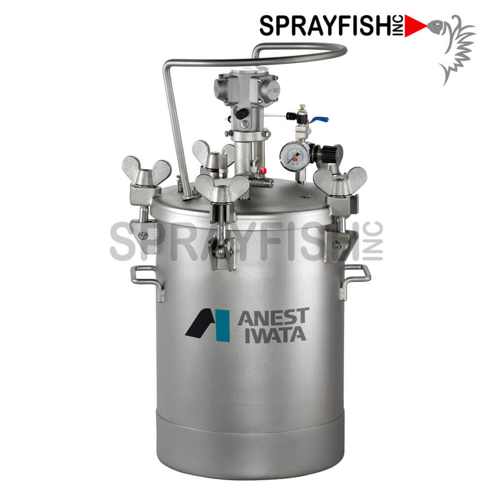 Anest Iwata PET-30MN 7.9 Gallon (30 Liter) Pressure Pot. &nbsp;Comes with pneumatic radial piston agitator, stainless steel tube, air regulator to control your pot and agitator, handle, and pressure relief.