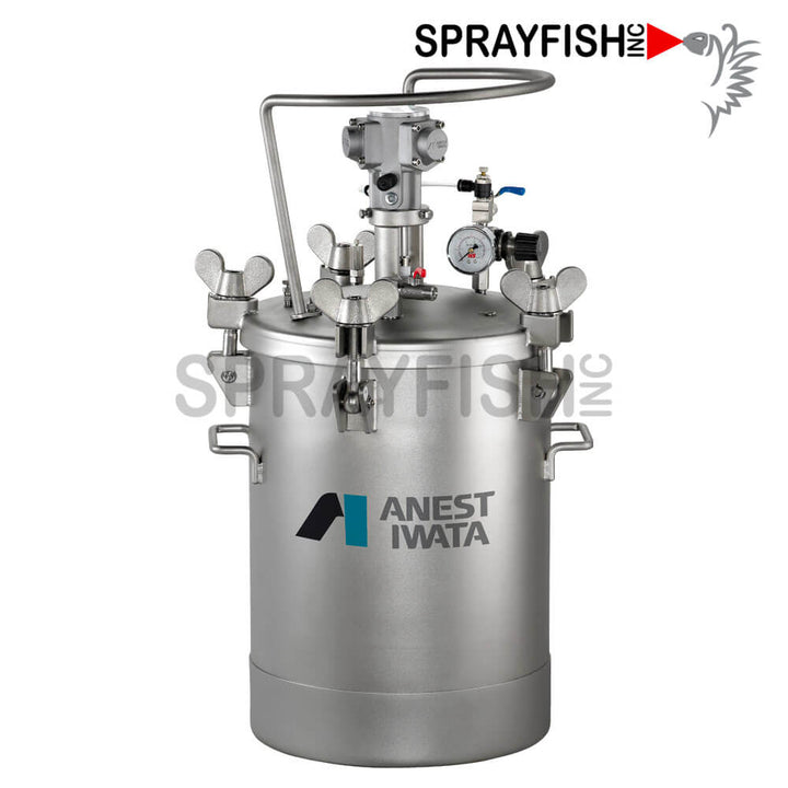 Anest Iwata PET-30MN 7.9 Gallon (30 Liter) Pressure Pot. &nbsp;Comes with pneumatic radial piston agitator, stainless steel tube, air regulator to control your pot and agitator, handle, and pressure relief.
