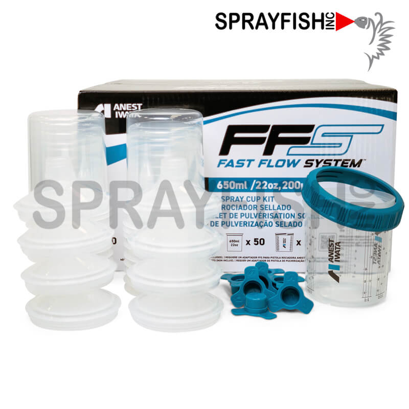 Anest Iwata Fast Flow System (FFS), 400ml/13oz, Sealed Spray Cup Kit. Kit includes (50) Lids and Liners, (1) Hard Cup, (1) Retaining Ring, (20) Storage Plugs.