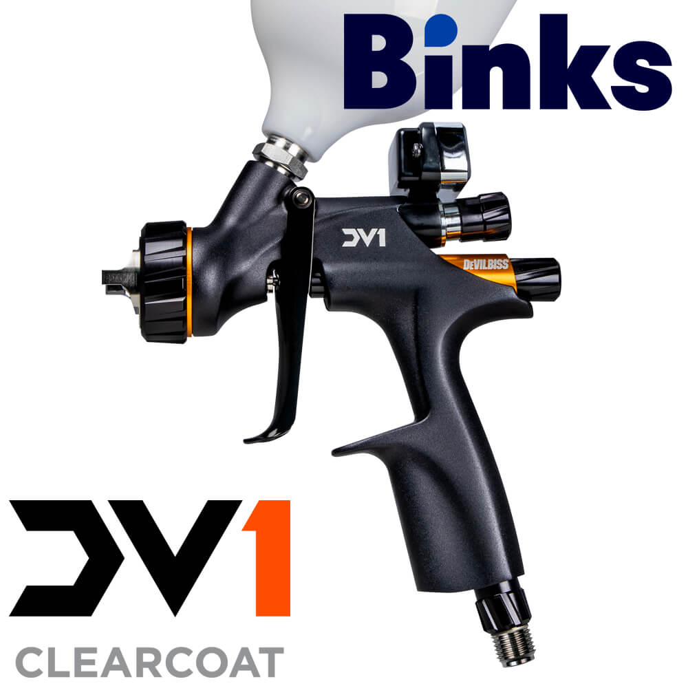 DeVilbiss by Binks DV1 Clearcoat Gravity Feed Paint Spray Gun Kit, Includes DV1-C1 Plus & DV1-C2 Plus Aircaps, Premium Digital Gauge, 1.2MM, 1.3MM, & 1.4MM Fluid Tip Nozzle, DPC-43 DeKups Adapter, and Tool Kit.