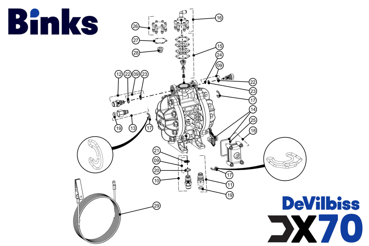 Binks DX70 Diaphragm Paint Feed, Transfer, or Paint Spray System for Manual or Automatic Pressure Feed Paint Guns, Optional Built-In Fluid Pressure Regulator Spare Parts Breakdown