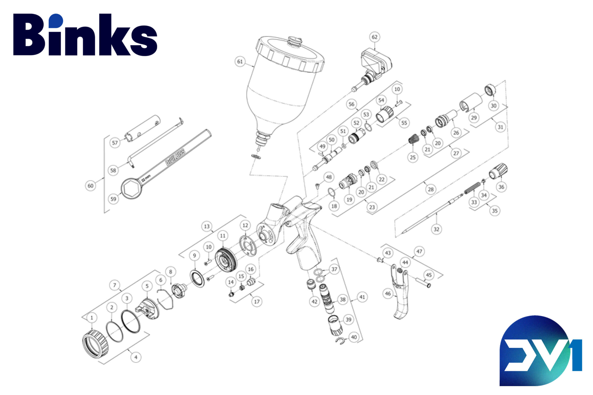 Binks DeVilbiss DV1 Basecoat Gravity Feed Spray Gun Parts Breakdown