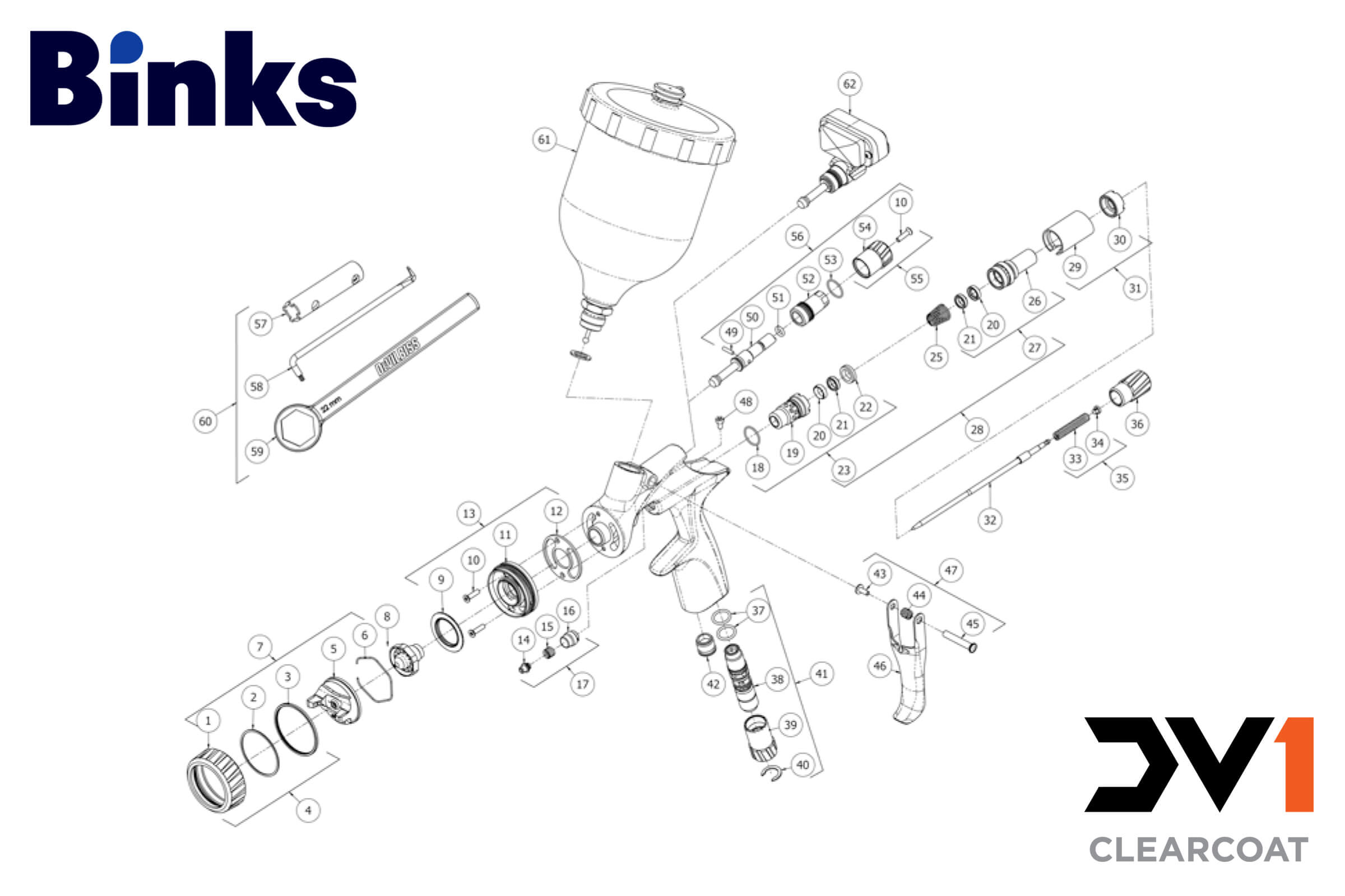 Binks DeVilbiss DV1 Clearcoat Gravity Feed Spray Gun Parts Breakdown