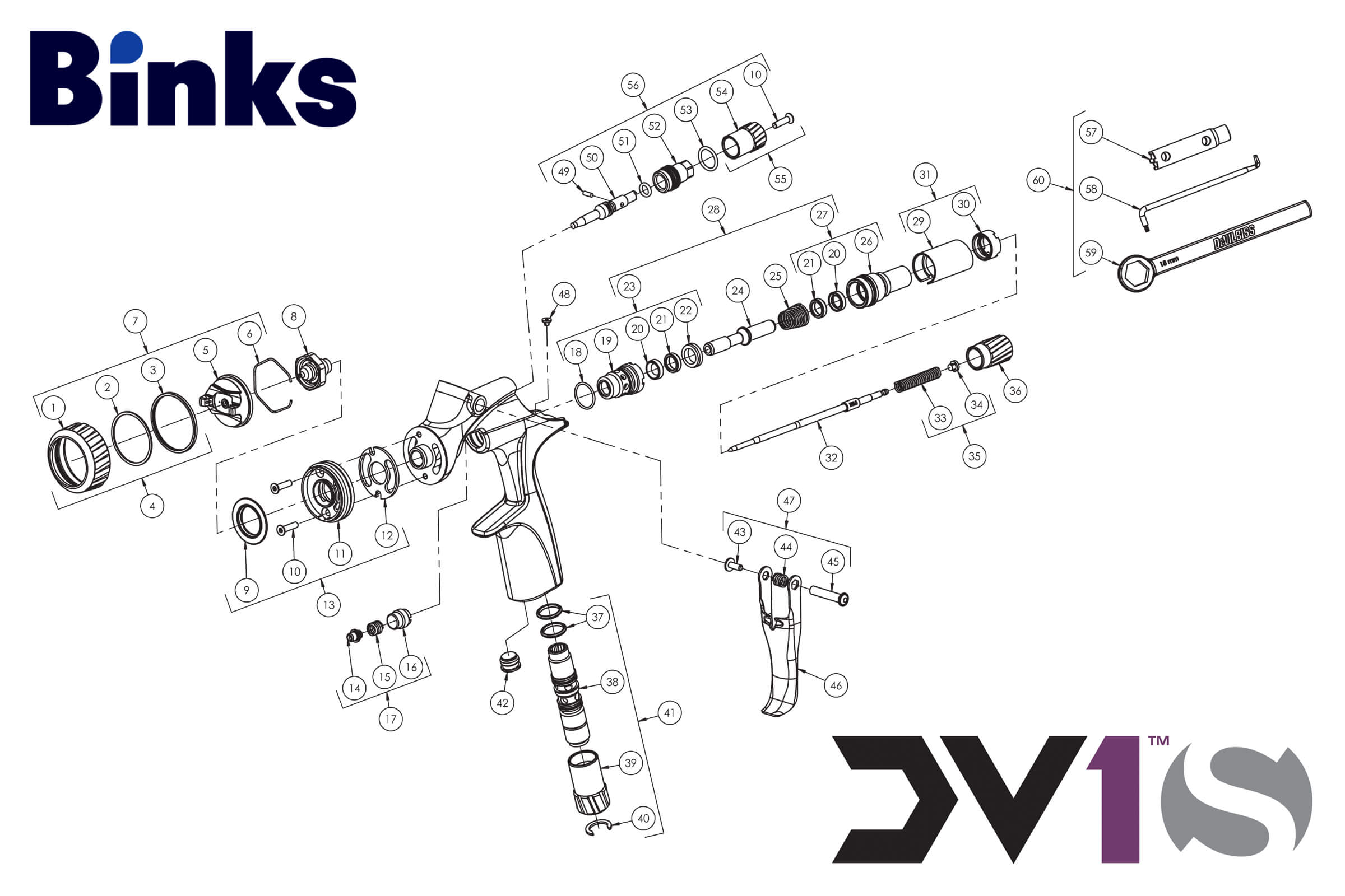 Binks DeVilbiss DV1S Smart/Spot Repair Gravity Feed Spray Gun Parts Breakdown