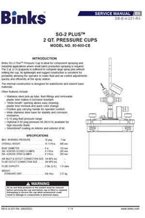 The Binks SG-2 Plus is the most advanced pressure fed cup designed to give complete freedom of movement for the spray gun and the operator. 2-Quart (2.3 Ltr) Pressure Cup, Light Weight, Portable and Easy To Use