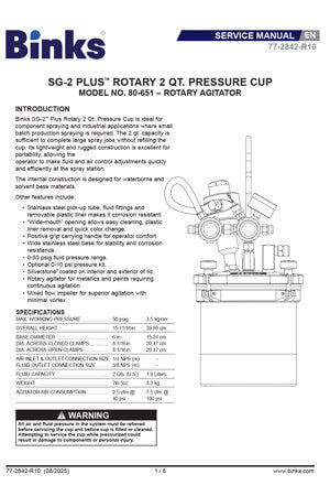 The Binks SG-2 Plus Agitated is the most advanced pressure fed cup designed to give complete freedom of movement for the spray gun and the operator. 2-Quart (2.3 Ltr) Pressure Cup, Light Weight, Portable and Easy To Use