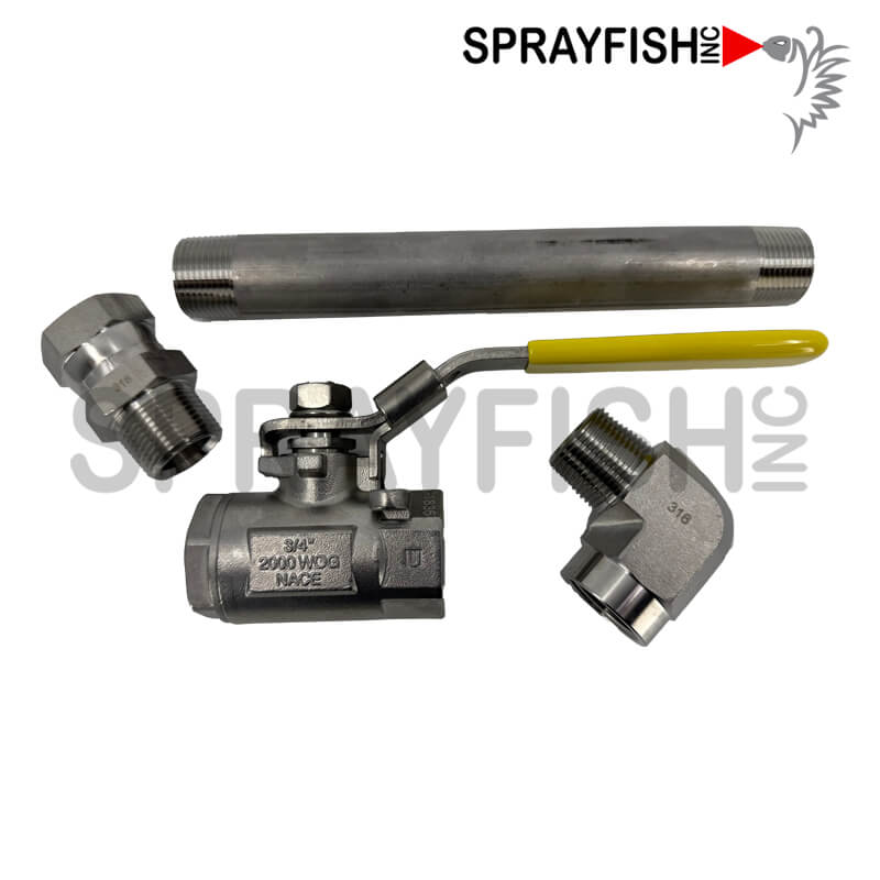 Sprayfish Non-OEM - 3/4" Bottom Outlet Kit for 5, 10, 15 Gallon Pressure Pots. Comparable to 236677 for Graco®, except the Sprayfish version includes a 3/4" Swivel Fitting for your Male 3/4" Fluid Hose Fitting. All Fittings are in NPT and are 304 or 316 Stainless Steel.