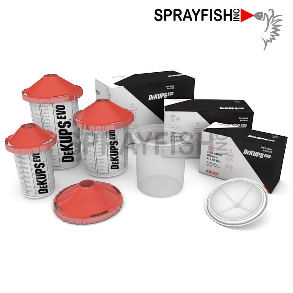 DeVilbiss By Binks DeKups EVO Disposable Cup System. Choose between 9OZ, 24OZ, or 34OZ Cup Options and No Mesh, 125 Micron, or 200 Micron Lid Filters.