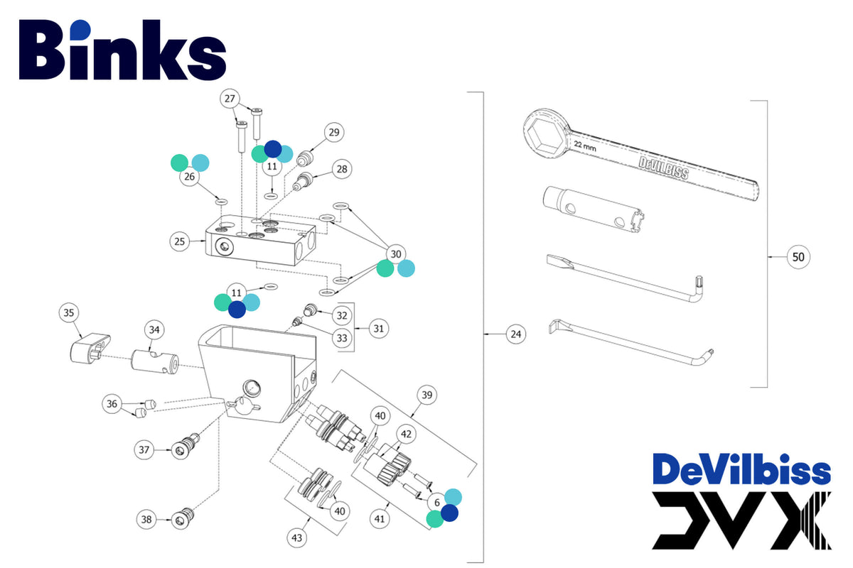 DeVilbiss by Binks DVX Automatic Pressure Feed High-Efficiency HVLP Paint Spray Gun for Flatline Machines, Lineal Spray Machines, Robots, and other Automatic Applications Base Spare Parts Breakdown with Kit Reference