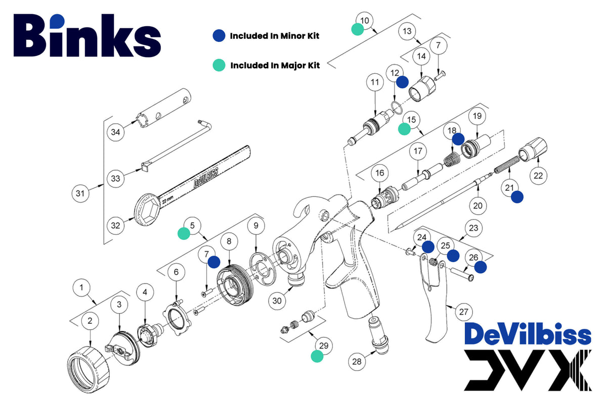 DeVilbiss by Binks DVX Pressure Feed High-Efficiency HVLP Paint Spray Gun Spare Parts Breakdown with Kit Reference