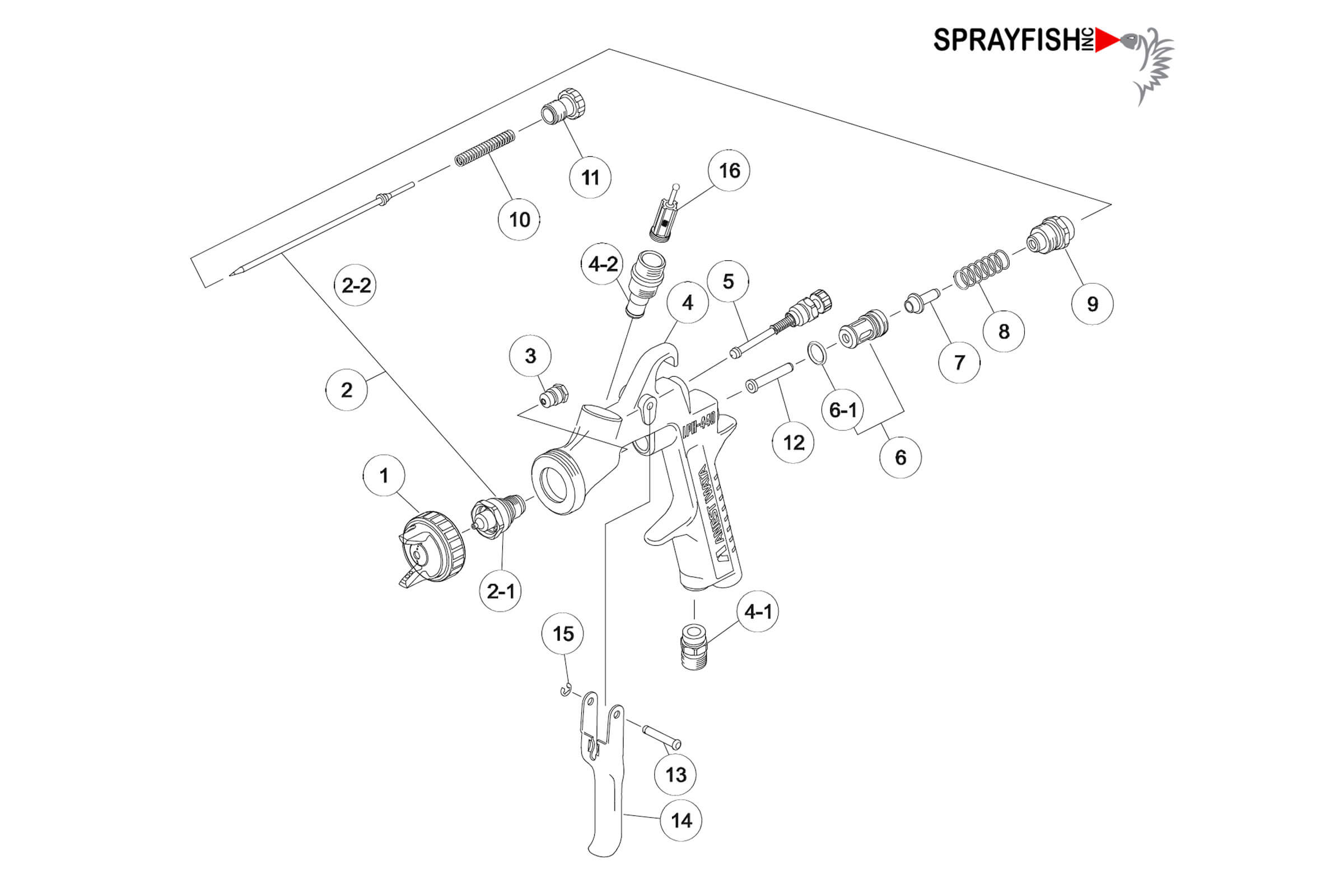 Anest Iwata LPH-440 Gravity Feed Primer Spray Gun Spare Parts Breakdown