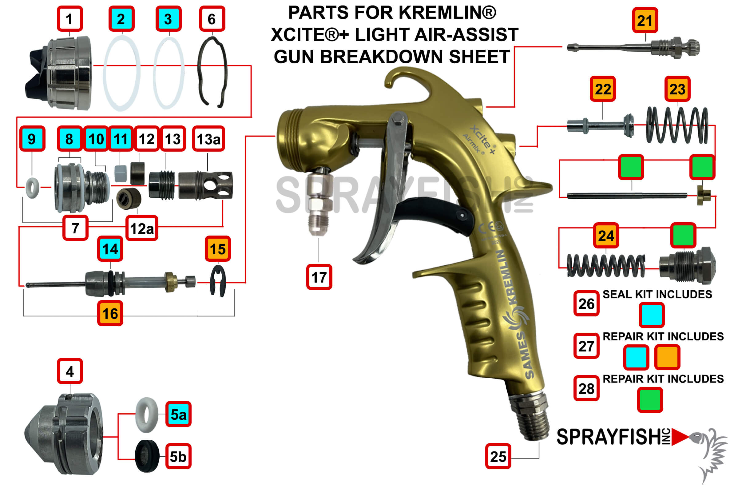 Sprayfish Spare Parts for Kremlin® Xcite®+ Light Manual Spray Gun Breakdown Sheet