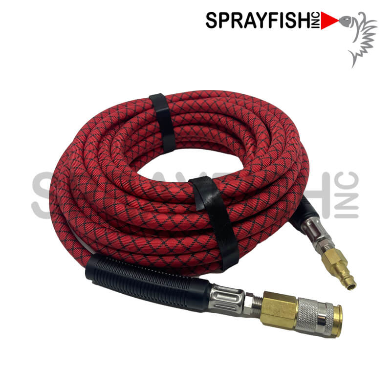 TANGLE-FREE SPRAY PAINT AIR HOSE, 35' OR 50', INCLUDES SWIVELS, PLUG & HIGH FLOW COUPLER, RED AND BLACK DESIGN