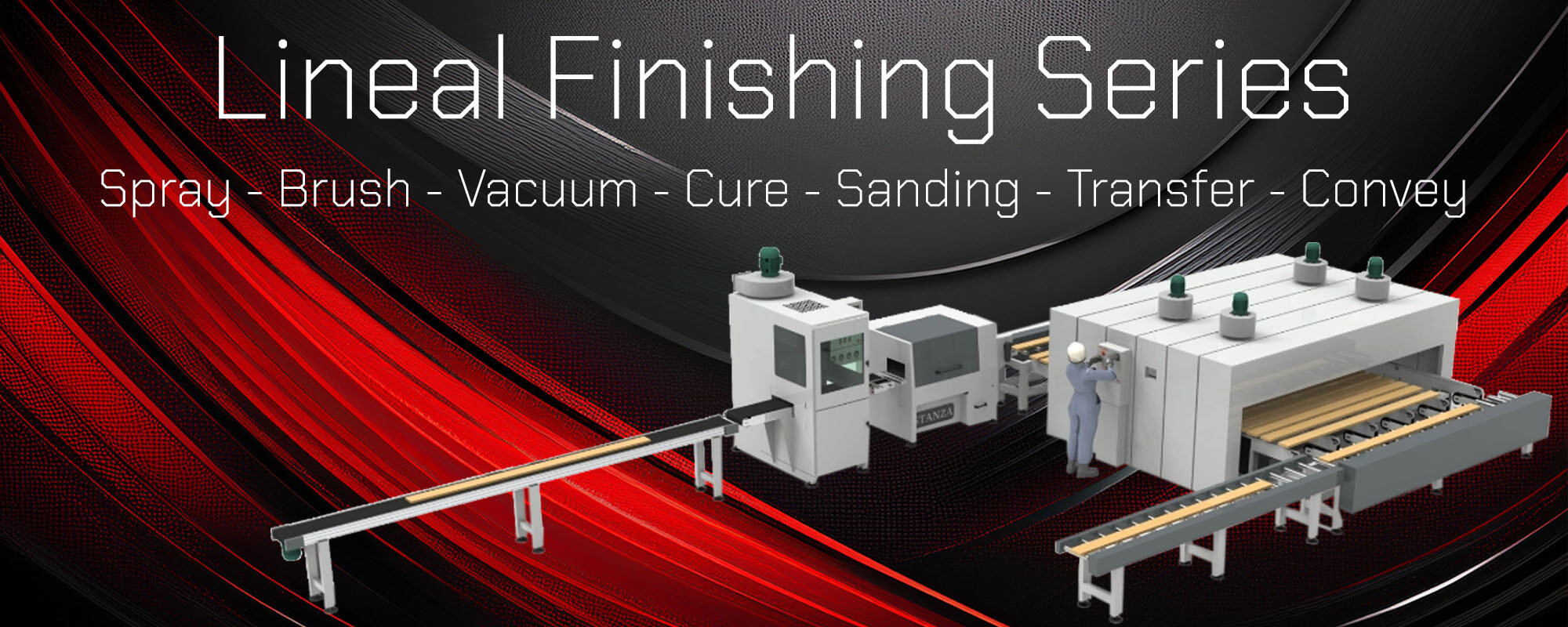 Sprayfish Lineal Finishing Series Banner - Spray, Brush, Vacuum, Cure, Sanding, Transfer, Convey
