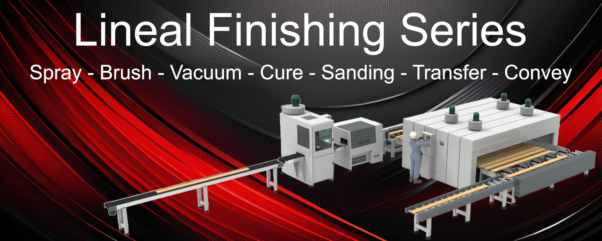 Sprayfish Lineal Finishing Series Banner - Spray, Brush, Vacuum, Cure, Sanding, Transfer, Convey