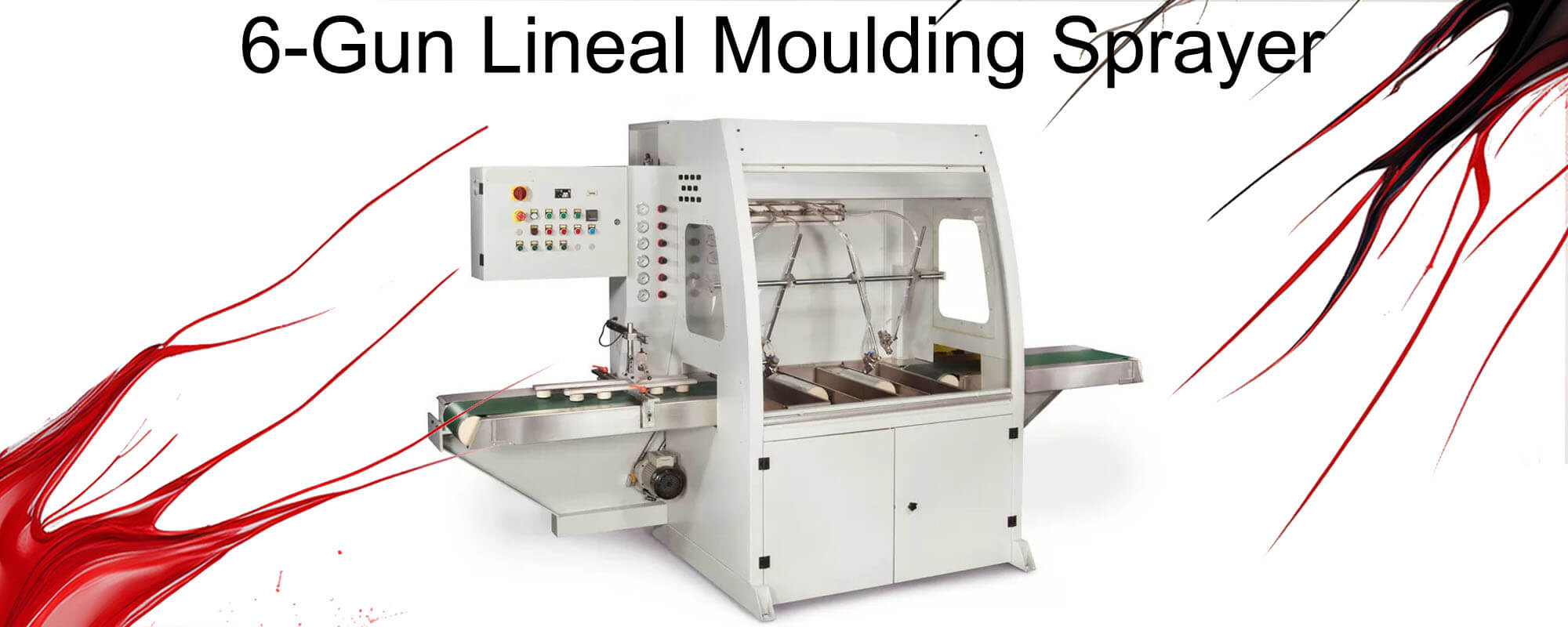 The 6-Gun Linear Moulding sprayers are capable of utilizing both water and solvent based coatings including stains, paints, reactives, and lacquers