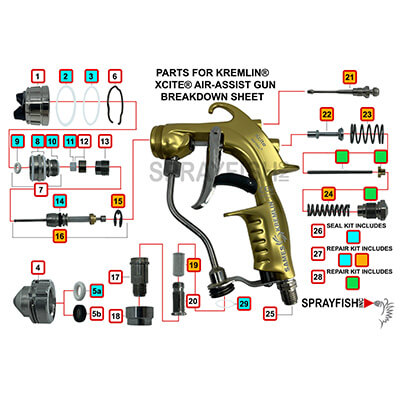 Sprayfish Spare Parts Breakdown Sheet for Kremlin® Xcite® Air-Assisted Airless Spray Gun